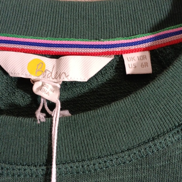 Boden Green Crewneck Sweatshirt Dress with Metallic Cuff Stripes - Picture 3 of 4